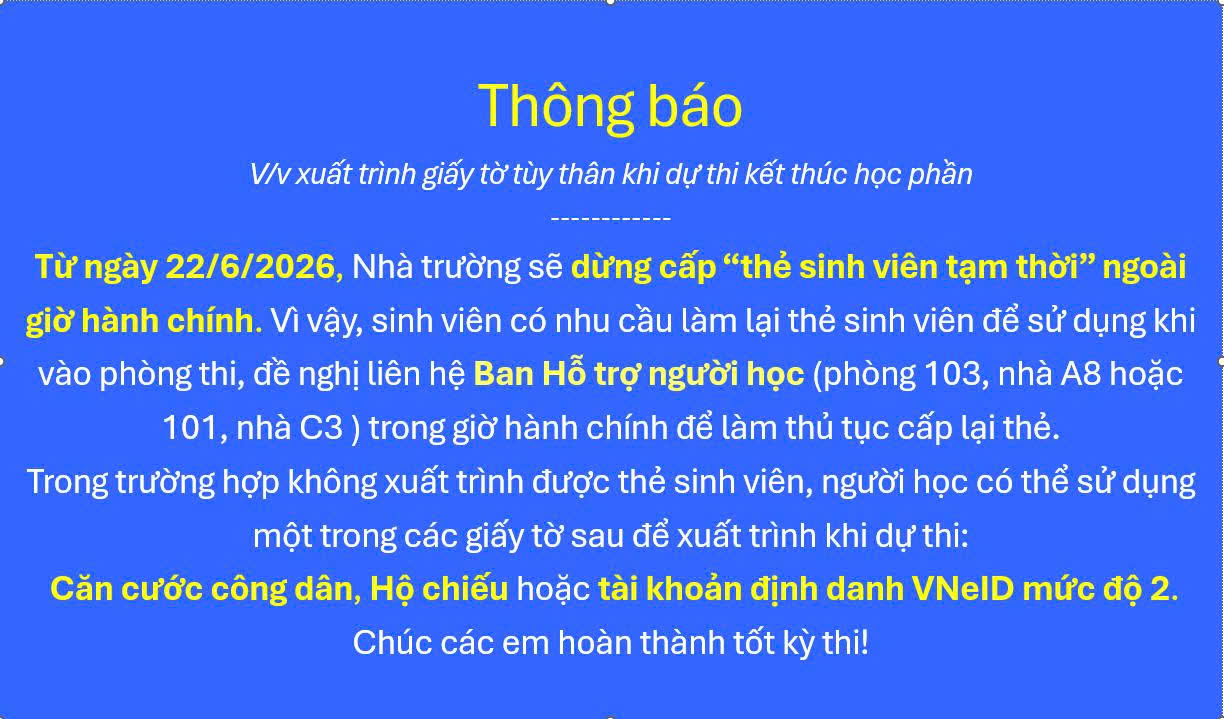 Thông báo V/v xuất trình giấy tờ tùy thân khi dự thi kết thúc học phần